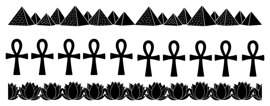 Ancient Egyptian borders featuring pyramids ankh symbols and lotus flowers in black and white style