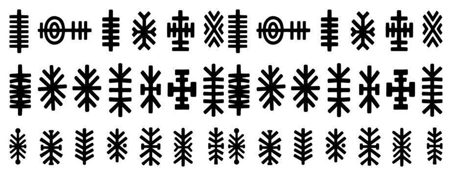 Ancient ethnic symbols and geometric tribal runes collection in minimalist black and white style