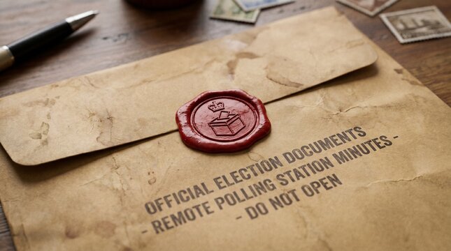 An official envelope with election documents and a red wax seal on a wooden desk with a pen and stamps.