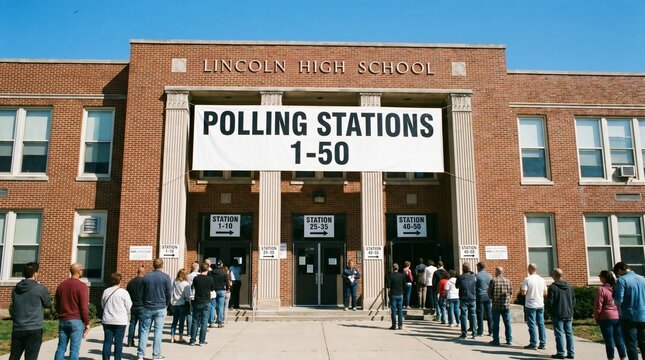 A crowd of people wait in line outside a brick high school building with a polling station sign
