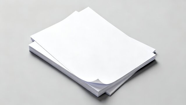 High angle shot of stacked white paper sheets with curled edge on light gray background.