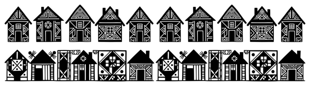 Decorative folk art houses with traditional patterns in village row silhouette vector art