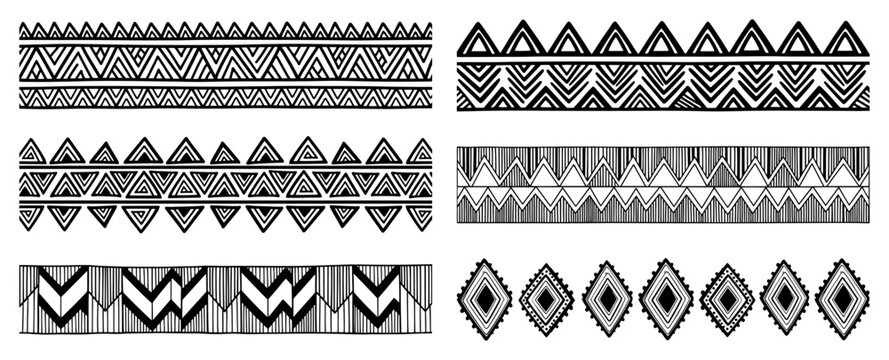 Ethnic geometric border patterns with tribal triangles and zigzags silhouette vector art