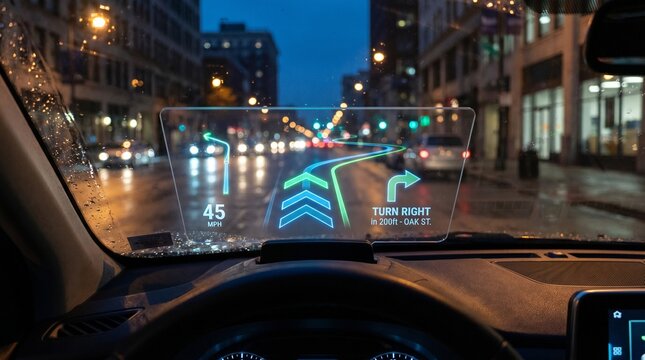 A futuristic augmented reality display projected on a car windshield while driving through a rainy city at night