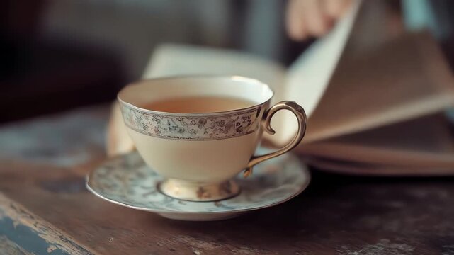 Elegant teacup and saucer beside open book soft lighting cozy scene