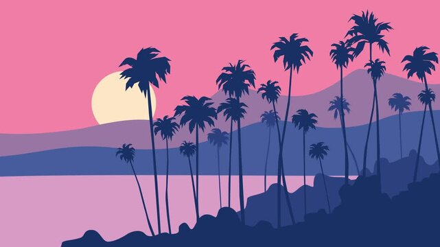 summer sunset tropical sea beach palm trees motion graphics vector 2d animation