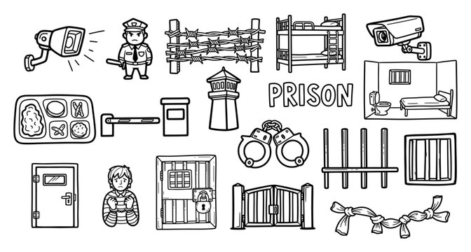 Prison and jail icons set including guard handcuffs and cell in doodle style