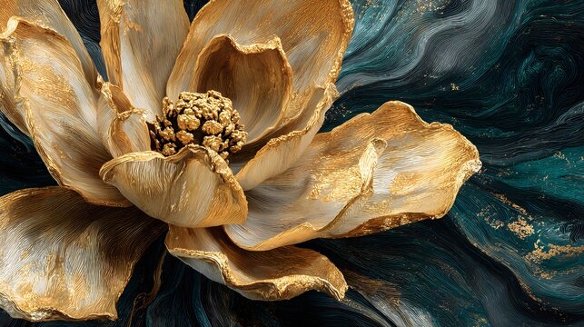 Oversized golden magnolia flower, abstract acrylic fluid painting, metallic gold leaf textures, smoky black and teal swirls, modern glam wall art.