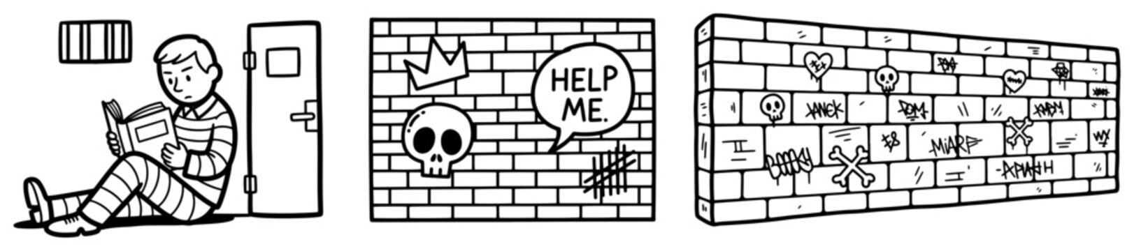 Prisoner in cell and brick walls with graffiti line art vector