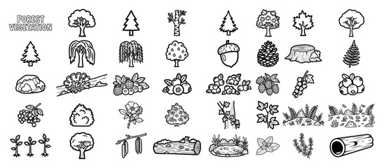 Forest vegetation and nature elements icons collection line art vector © Camel