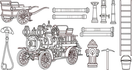 Obraz premium Vintage Fire Truck Line Art Icon Set with Antique Steam Pumper Carriage Fire Hydrant Ladder Hose and Pickaxe Tools