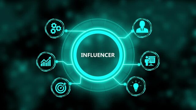 Influencer marketing strategy concept with digital hud interface and business teal glowing technology background, for corporate presentations