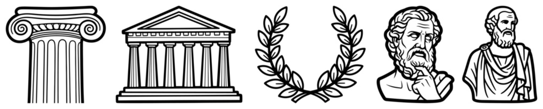 Greek history icons with temple column and philosophers in line art style