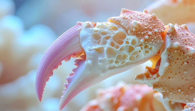 A macro photograph captures the intricate details of a crab's claw, showcasing its textured surface and sharp, pink-tipped pincer against a soft, blurred background.