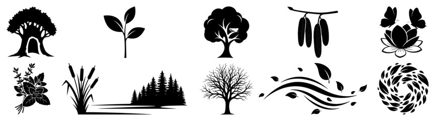 Forest nature elements and vegetation silhouettes collection vector art © Camel