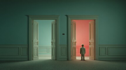 Fototapeta premium Young child stands at a crossroads, choosing between two open doors, one leading to warmth, the other to cool tones.
