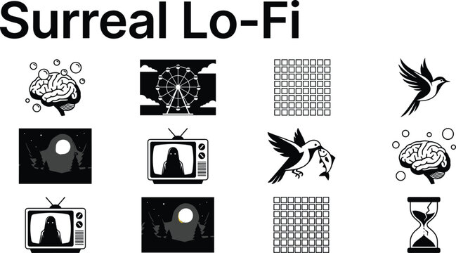 Surreal lo fi aesthetic icon collection with abstract symbols and retro fantasy vector illustration set