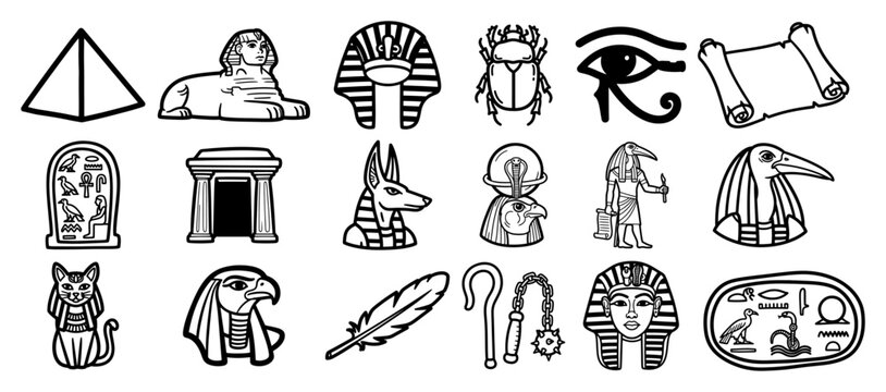 Ancient Egypt icons set with sphinx anubis eye of horus and deity symbols in doodle style