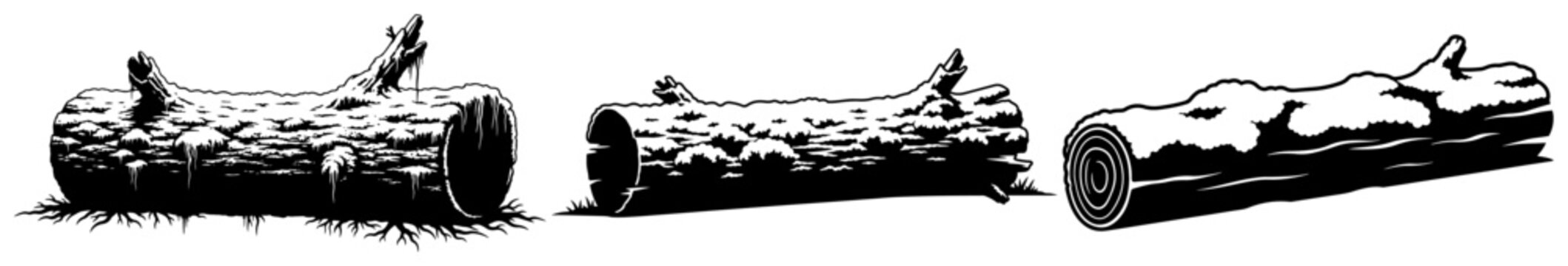 Fallen wooden logs and tree trunks silhouette vector collection
