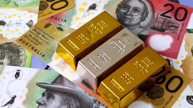 Gold and silver bullion or ingots as metals for bank storage, investments, and financial transactions. Gold and silver bars as a backdrop for your design