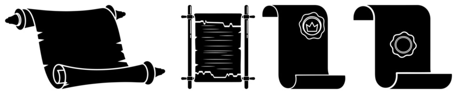 Ancient paper scrolls and papyrus documents with wax seals in black and white silhouette style