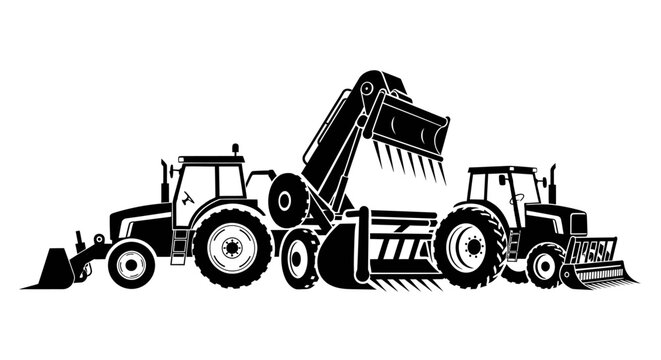Heavy machinery equipment with tractors and excavator in black and white illustration for construction sites and industrial use