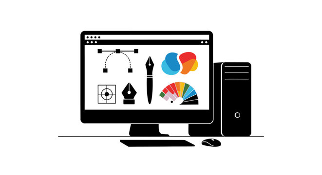 Graphic design workspace on computer screen with editing tools and color palette