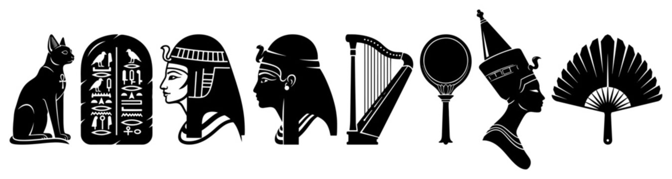 Egyptian cultural symbols featuring pharaoh portraits bastet cat and hieroglyphs in silhouette style