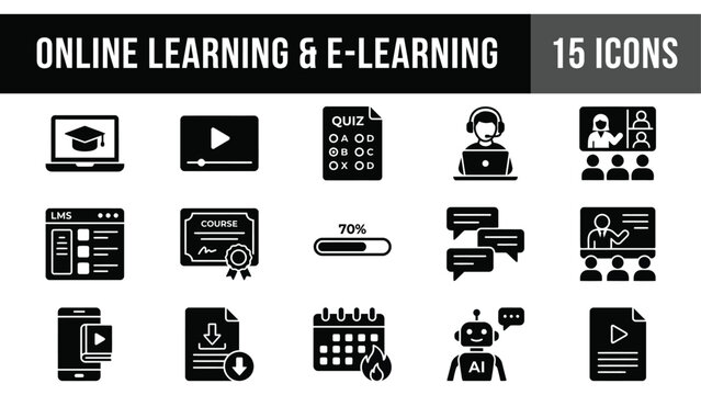 Set of 15 flat design e-learning and online education icons on dark background