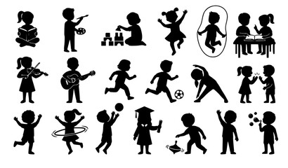 Fototapeta premium Kids Activity Silhouettes with Children Playing Studying Dancing and Creative Learning Poses