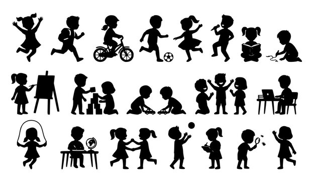 Children Playing and Learning Silhouettes Vector Set with Creative Kids Activity Poses