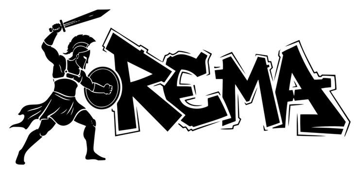 Roman gladiator warrior with sword and shield and Roma typography in bold black and white style