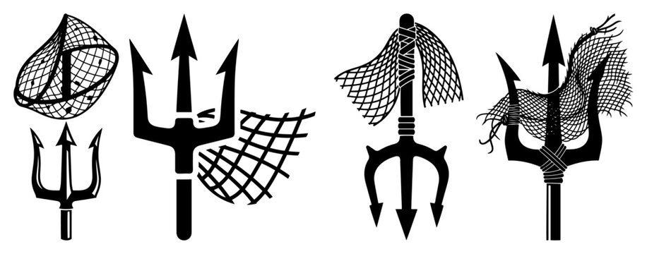 Roman trident and fishing net set for retiarius gladiator in black and white silhouette style
