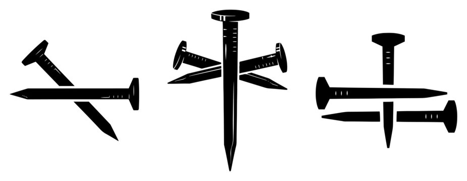 Three crucifixion nails representing the Passion of Christ in black and white silhouette style