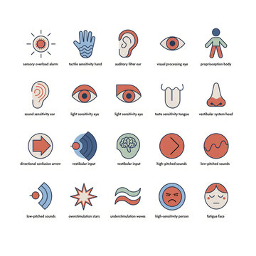 Flat vector icon collection for sensory processing issues, neurodiversity, and overstimulation concepts.