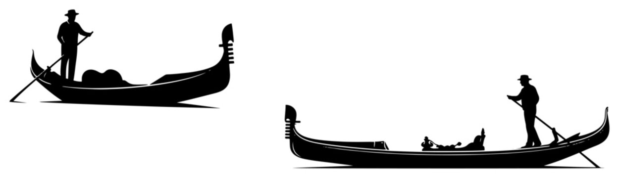 Gondola with gondolier rowing on water silhouette vector