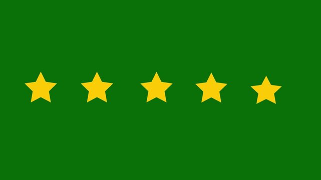 Special with rating star icon animation. Cartoon shape 5 Star Rating Animation, Five yellow stars arranged in a horizontal line on a green background five stars star rating.