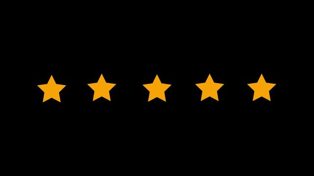 Five yellow stars arranged in a horizontal line on a black background five stars star rating. Cartoon shape 5 Star Rating Animation, Special with rating star icon animation.