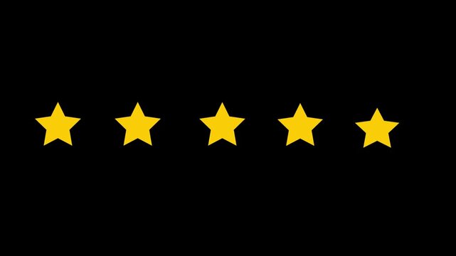 Special with rating star icon animation. Cartoon shape 5 Star Rating Animation, Five yellow stars arranged in a horizontal line on a black background five stars star rating.