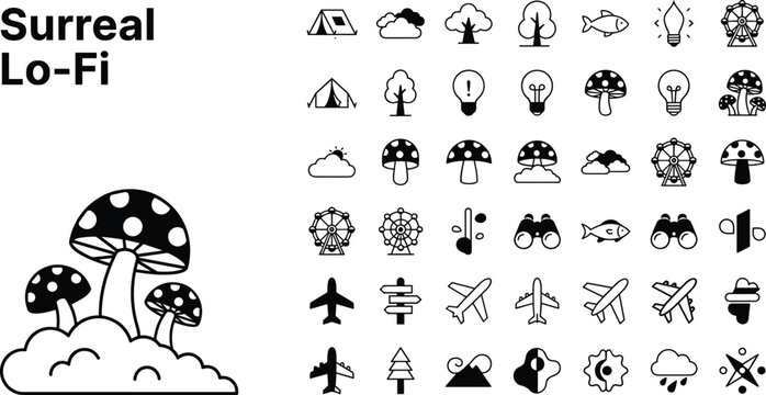 Surreal lo fi icon collection with mushrooms, clouds and abstract fantasy symbols vector illustration set