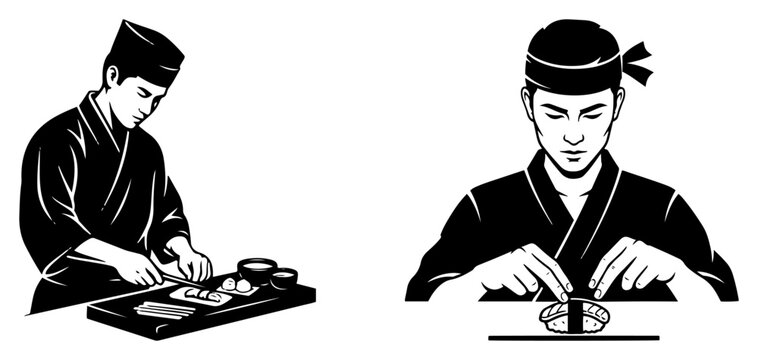 Sushi chefs preparing fresh rolls and nigiri in restaurant graphic vector