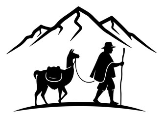 Andean traveler leading a llama through high mountain landscape black and white vector silhouette © Camel