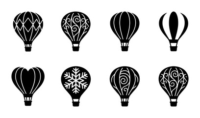 Set of 8 Black Hot Air Balloon Icons, Decorative Vector Graphics for Travel and Celebration Themes, Simple Silhouette Designs © Nurul