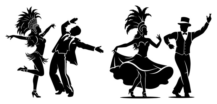 Dancers performing carnival and ballroom styles in elegant poses in black silhouette style