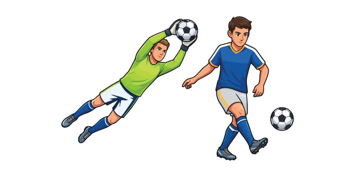 Soccer player kicking ball and goalkeeper making dive save cartoon vector characters on transparent.