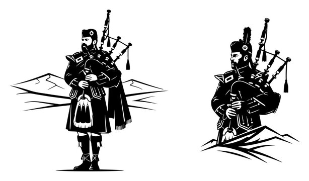Scottish bagpiper wearing traditional kilt in mountain landscape in black silhouette style