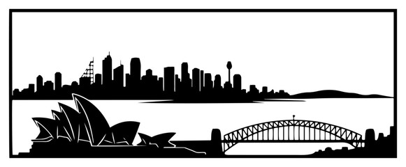 Obraz premium Sydney city skyline featuring opera house and harbour bridge in vector silhouette style
