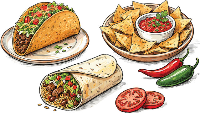 Mexican Food Sketch Vector Set with Crunchy Taco, Beef Burrito, Tortilla Chips, Spicy Salsa Dip, Fresh Tomatoes, and Jalapeno Chili Peppers