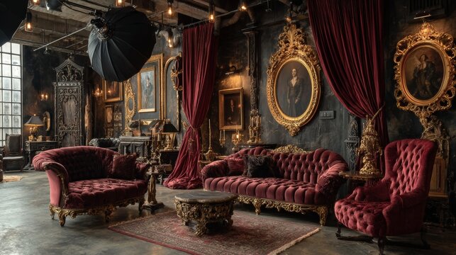 Elegant Victorian-style studio set with velvet furniture and ornate gold frames.