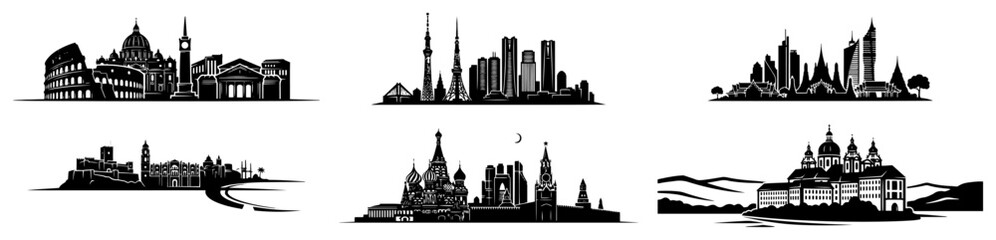Fototapeta premium Global travel landmarks and cityscape silhouettes from around the world black and white vector set